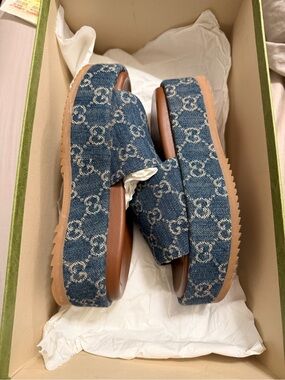 Denim Monogram Platform Slides - Blue/Tan